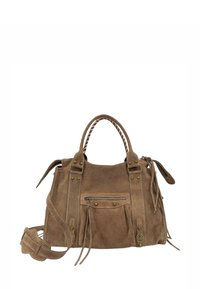 Sac à main en suède brun avec des poignées doubles, une poche zippée à l'avant, une bandoulière réglable et des pompons en cuir décoratifs.