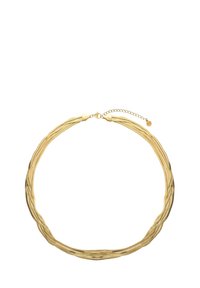 Gouden halsketting met een gedraaide vormgeving en een gladde textuur. Veilige sluiting met een verstelbare ketting voor lengte-aanpassing.
