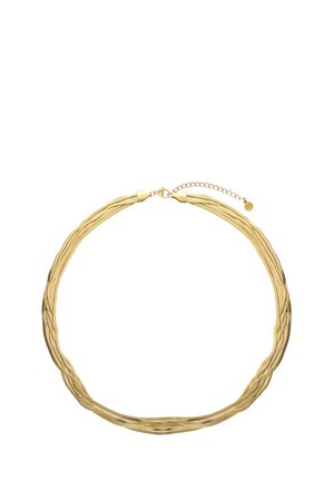 Collier en ton doré avec un design torsadé et une texture lisse. Fermoir sécurisé avec une chaîne ajustable pour personnaliser la longueur.