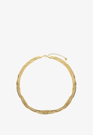 Collier en ton doré avec un design torsadé et une texture lisse. Fermoir sécurisé avec une chaîne ajustable pour personnaliser la longueur.
