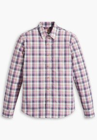 Camicia a maniche lunghe con un motivo a quadri multicolore in tonalità di rosa, blu e nero. Presenta una chiusura con bottoni sul davanti e un colletto classico.