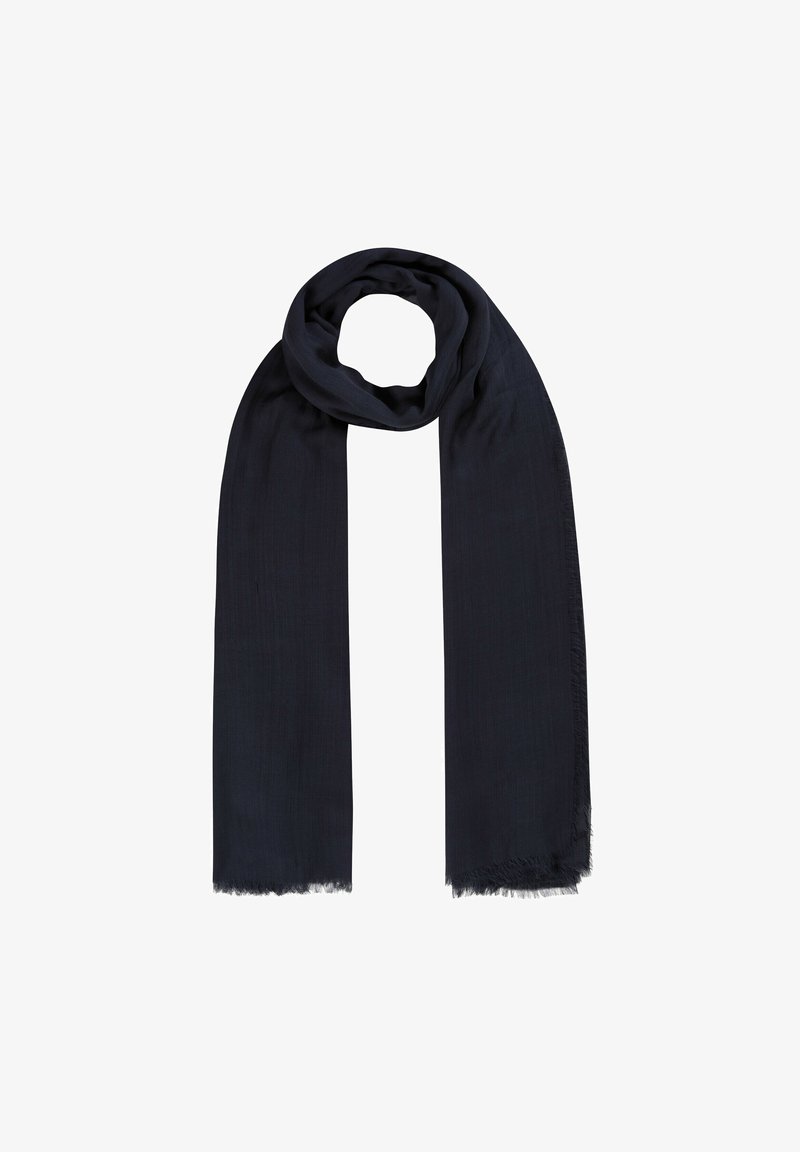 Donkerblauwe sjaal van lichtgewicht stof, met een zachte textuur en franjes aan de randen, rechthoekige vorm en een gedrapeerd ontwerp.