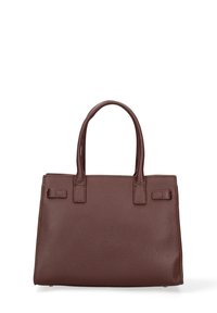 Bruine leren handtas met textuur, dubbele handvatten, rechthoekige vorm en minimale decoratieve stiksels op een witte achtergrond.