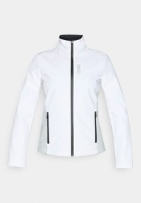 Weiße Softshell-Jacke mit hohem Kragen, Vorderreißverschluss und schwarzen Akzenten. Verfügt über zwei seitliche Reißverschlusstaschen und dezente Logodetails.