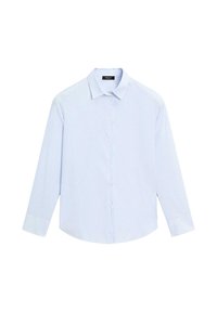 Camicia azzurra a maniche lunghe con colletto classico e tessuto morbido, caratterizzata da sottili righe verticali e un orlo arrotondato.