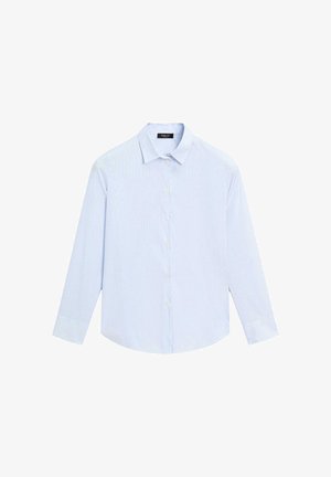 Ljusblå långärmad skjorta med knappar och klassisk krage i mjukt tyg, med diskreta vertikala ränder och rundad nederkant.