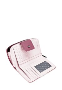 Zippered wallet in pink and light pink leather, featuring multiple card slots, a transparent ID window, and a snap closure with logo accent.