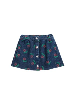 Jupe en denim boutonnée sur le devant, motif floral rouge et vert, taille élastique et forme légèrement évasée en A.