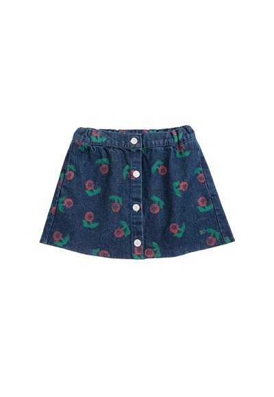 Jupe en denim boutonnée sur le devant, motif floral rouge et vert, taille élastique et forme légèrement évasée en A.