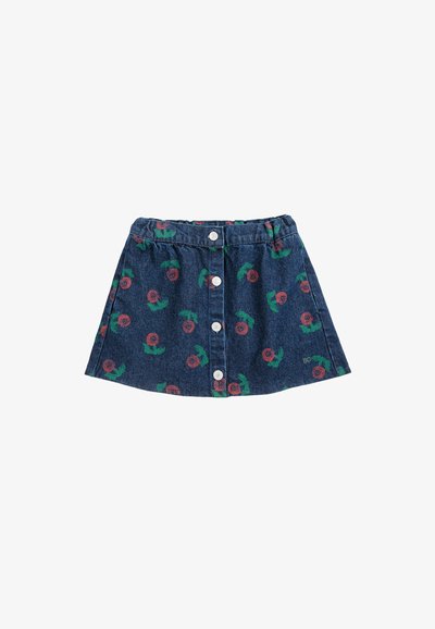 Jupe en denim boutonnée sur le devant, motif floral rouge et vert, taille élastique et forme légèrement évasée en A.