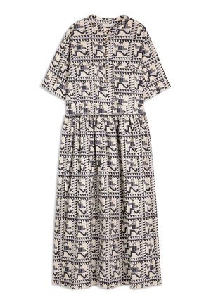 Kremowa sukienka midi o krótkich rękawach, z guzikami z przodu, marszczoną talią oraz czarnym geometrycznym wzorem koni na całej powierzchni.
