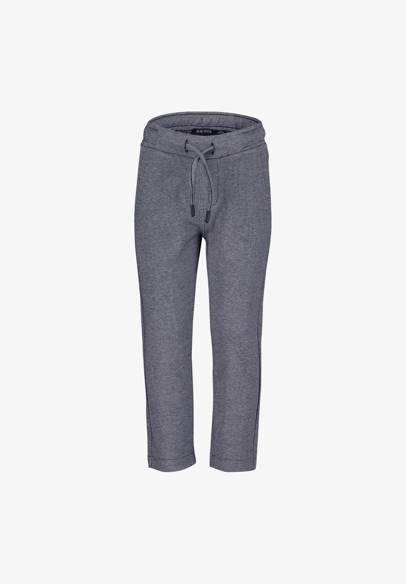 Pantalon de jogging tricoté gris avec un cordon de serrage à la taille, jambes fuselées et texture subtile ; dispose de rayures sur les côtés pour une touche de détail supplémentaire.