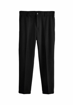 Black trousers made of a smooth fabric, featuring a button closure, belt loops, and two side pockets. Tailored straight-leg design.