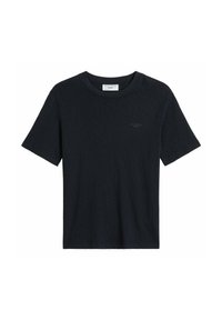 T-shirt noir manches courtes col rond avec un logo de marque discret sur la poitrine et une petite étiquette en tissu à l'intérieur du col.