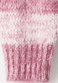 Tessuto lavorato a maglia soffice rosa e bianco con polsino a coste, caratterizzato da strisce orizzontali alternate.