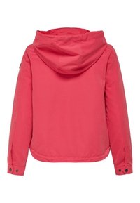 Rosa Kapuzenjacke mit glatter Textur, Knopfdetails an den Ärmeln und lässigem Fit. Rückansicht zeigt schlichtes Design.