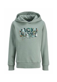 Felpa verde con cappuccio, dotata di una stampa grafica multicolore con il testo "JACK & JONES" e "essentials" sul davanti. Polsini e orlo a coste.