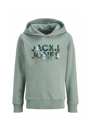 Sweat-shirt vert avec capuche, comportant un imprimé graphique multicolore du texte "JACK & JONES" et "essentials" sur le devant. Côtes aux poignets et à l'ourlet.