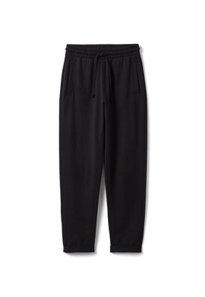 Pantaloni jogger casual neri con fascia elastica in vita, coulisse, tasche laterali e gambe affusolate su sfondo bianco.