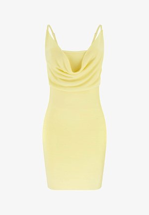 Bezrekawowa, jasnżółta sukienka dopasowana z cienkimi ramiączkami i marszczonym dekoltem typu carmen.