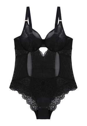 Body en dentelle noire avec bonnets à armatures, bretelles réglables, panneaux latéraux transparents et détails en dentelle florale le long des bords et au centre.