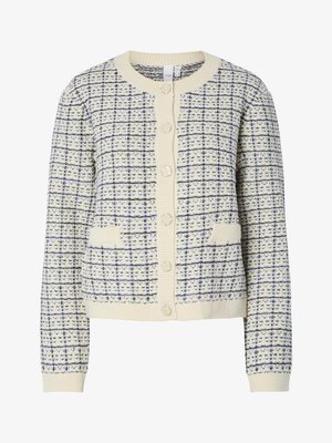 Strickjacke in Creme mit blauem Karomuster. Hat einen runden Ausschnitt, vordere Knöpfe und zwei Taschen. Strukturiertes Material mit gerippten Bündchen.