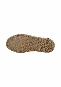 Brown rubber shoe sole with hexagonal tread pattern. Features embossed brand name "Blarfish" and product name "Malibu."