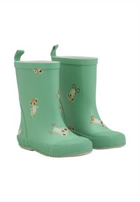 Bottes de pluie en caoutchouc vertes avec une semelle texturée, ornées d'illustrations d'animaux ludiques. Design à haute cheville avec des poignées arrière pour un enfilage facile.