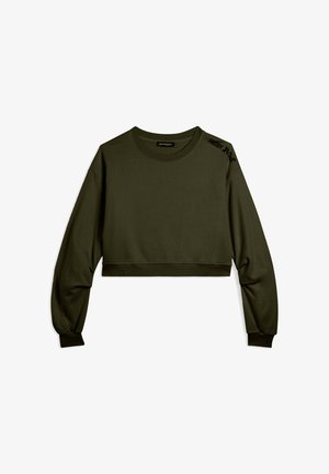 Felpa verde oliva corta, con maniche lunghe, collo rotondo e polsini a costine. Logo discreto sulla spalla. Tessuto liscio e elastico.