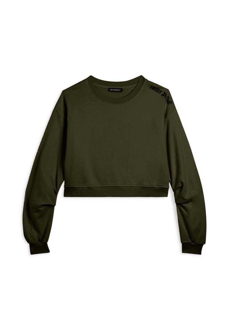 Sudadera recortada en verde oliva, de manga larga, con cuello redondo y puños acanalados. Branding sutil en el hombro. Tejido suave y elástico.