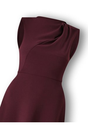Bordeauxfarbendes Kleid aus strukturiertem Stoff, mit einem drapierten Ausschnitt, ärmellosem Design und einer taillierten Silhouette, die am Saum weit ausläuft.