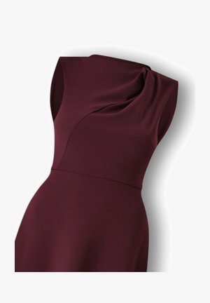 Burgundy dress with a textured fabric, featuring a draped neckline, sleeveless design, and a fitted waist that flares at the hem.