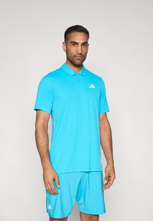Turquoise polo shirt with short sleeves and collar, featuring a white logo on the chest; paired with matching shorts in the same color.