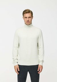 Pulover lejer gri deschis cu guler înalt, dintr-un material moale, tricotat. Are mâneci lungi, un design ajustat și o textură netedă. Este asortat cu pantaloni închiși la culoare.