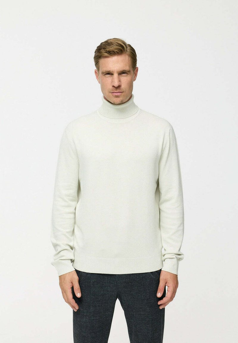 Pulover lejer gri deschis cu guler înalt, dintr-un material moale, tricotat. Are mâneci lungi, un design ajustat și o textură netedă. Este asortat cu pantaloni închiși la culoare.