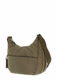 Borsa a spalla in tessuto verde oliva dalla forma arrotondata, con chiusura con zip e tracolla regolabile. Presenta una tasca frontale e una texture sottile.