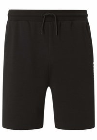 Shorts en coton noirs avec une taille élastique et un cordon de serrage ajustable. Comprend des poches latérales et un logo imprimé sur le côté gauche.