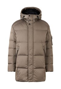 Brown padded jacket with a zippered hood, featuring a quilted design, two front zip pockets, and a side arm pocket. Smooth exterior texture.
