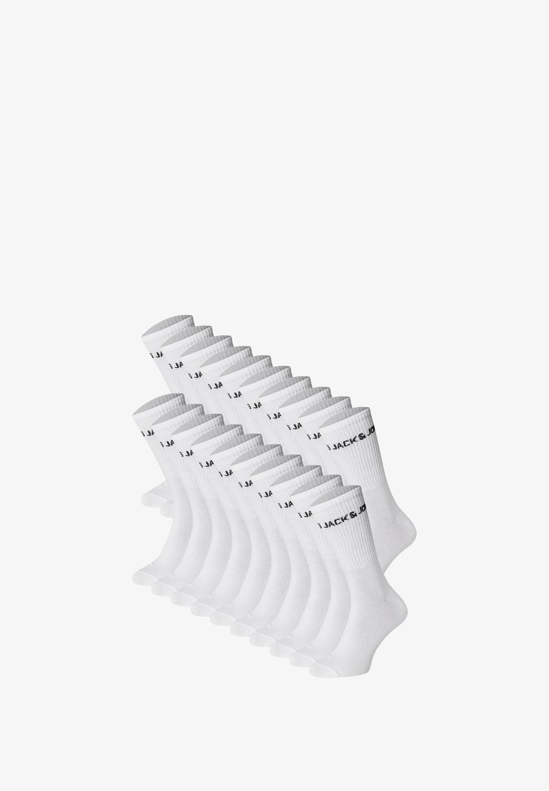 Weiße Baumwollsocken in Reihe angeordnet, mit gerippten Bündchen und schwarzem Text "JACK & JONES" an der Seite.