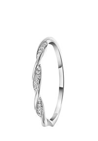 Silver twisted band ring featuring glittering clear gemstones along one side, smooth surface, and a sleek, modern design.