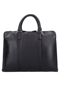 Borsa in pelle nera con finitura testurizzata, manici superiori doppi e dettagli delle cuciture visibili. Presenta una chiusura con zip lungo la parte superiore.