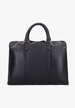 Zwarte leren tas met een gestructureerde afwerking, dubbele handgrepen bovenaan en zichtbare naaddetails. Voorzien van een ritssluiting aan de bovenkant.