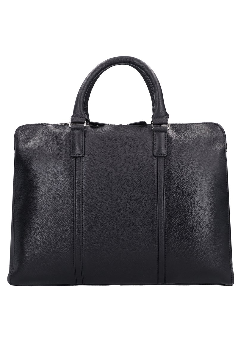 Borsa in pelle nera con finitura testurizzata, manici superiori doppi e dettagli delle cuciture visibili. Presenta una chiusura con zip lungo la parte superiore.
