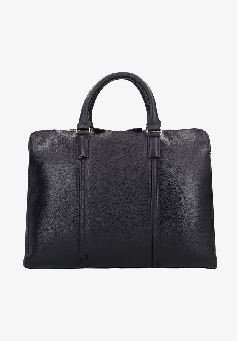 Borsa in pelle nera con finitura testurizzata, manici superiori doppi e dettagli delle cuciture visibili. Presenta una chiusura con zip lungo la parte superiore.