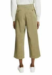 Light olive green wide-leg pants made of breathable fabric, featuring a high waist, two back pockets, and subtle stitching details.