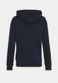 Sweat à capuche manches longues bleu marine foncé vu de dos avec une capuche et des poignets et un ourlet côtelés sur fond blanc uni.