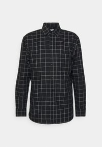 Camicia nera a maniche lunghe con motivo a griglia e linee bianche. Presenta un colletto classico e chiusura frontale a bottoni. Realizzata in un tessuto leggero.