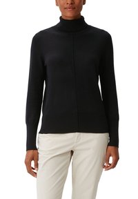 Schwarzer Rollkragenpullover aus einem weichen Strickstoff. Figurnahe Silhouette mit langen Ärmeln, Mittelnahtdetails sowie gerippten Bündchen und Saum.