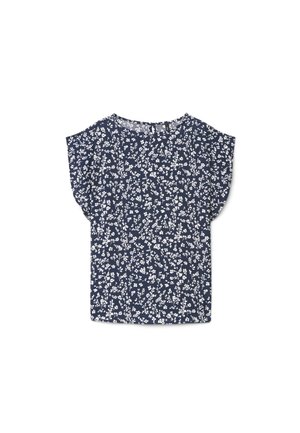 Marineblaue Kurzarmbluse mit weißem Blumenmuster und rundem Ausschnitt, flach auf weißem Hintergrund präsentiert.