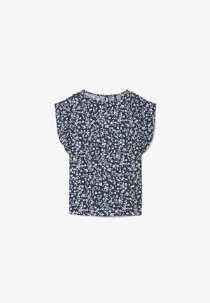 Blouse à manches courtes bleu marine avec motif floral blanc et col rond, présentée à plat sur un fond blanc.